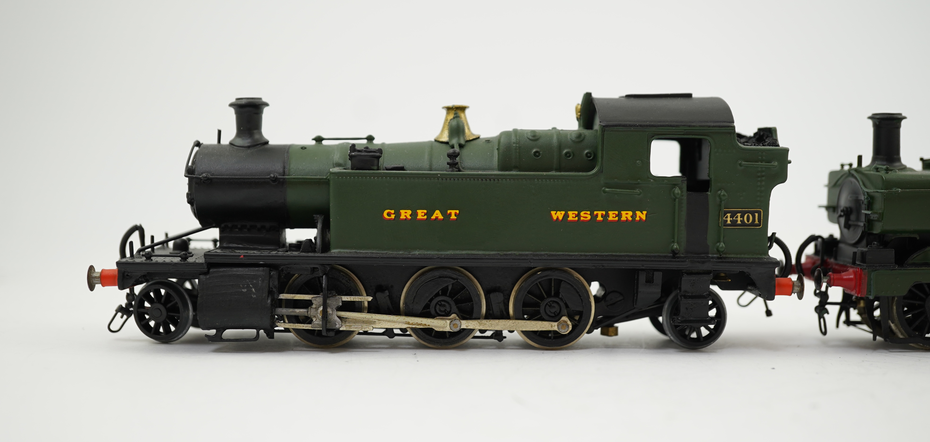 Two 00 gauge brass and white metal kit built GWR tank locomotives; a 4400 class 2-6-2 Prairie Tank, 4401, together with an 1854 class 0-6-0PT, 1861, constructed, painted and lined to a high standard, both motored for two